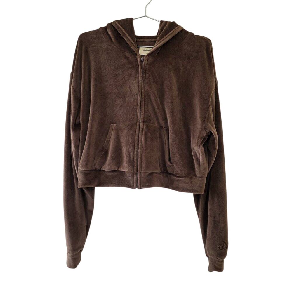 SACRE Brown Velour Zip Hoodie Jacket Womens Size Large Long Sleeve